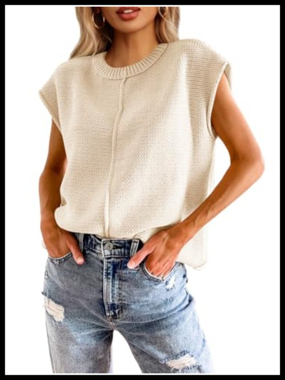 Womens Sweater Vest Cap Sleeve Crewneck Loose Knit Pullover Top Sleeveless